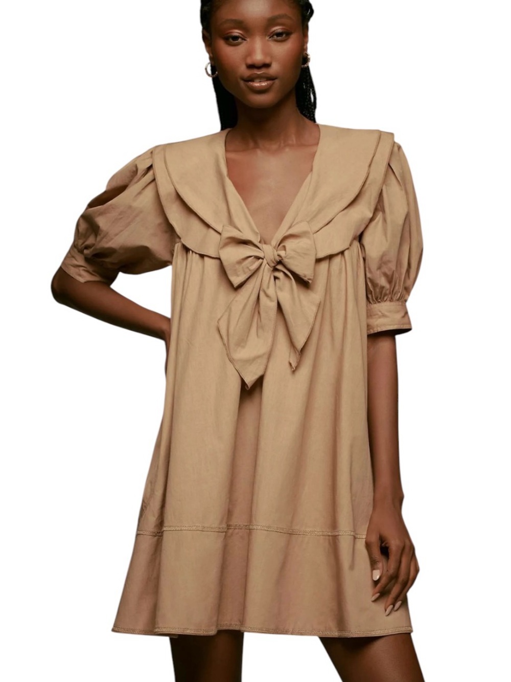 Pilcro Anthropologie Bow-Front Tunic Mini Dress Khaki Puff Sleeve Large